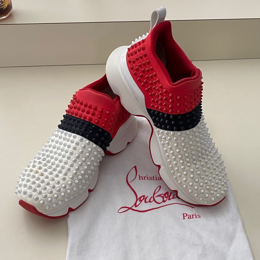 Christian Louboutin Red, White & Black Spike-Detail Slip-On Sneakers